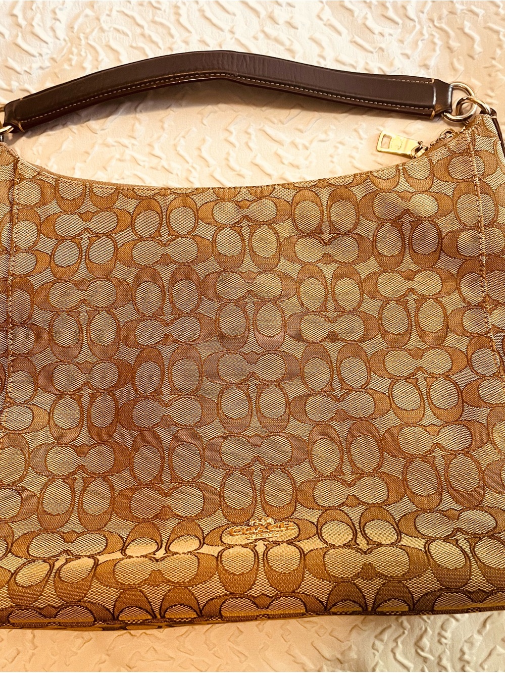 Coach Brown Signature Jacquard Shoulder Bag with Dark Brown Leather Strap